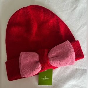 Kate Spade • red pink winter hat beanie color block with bow